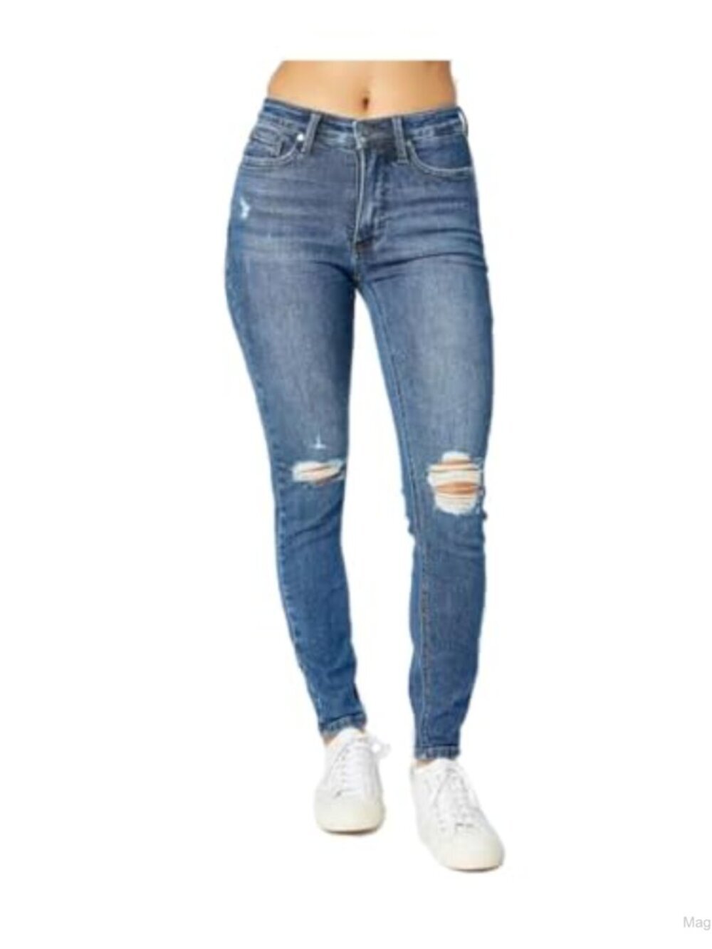 Mid-Rise Tummy Control Distressed Skinny Jeans Stretch Denim
